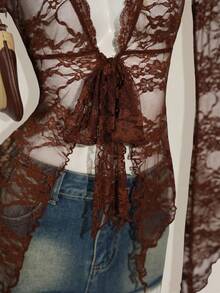 SHEIN ICON Y2k Women's Western Country Concert Boho Hippie Goth Sheer Brown Sexy Lace Twist Front Long Sleeve Cardigan - Brown - View 6