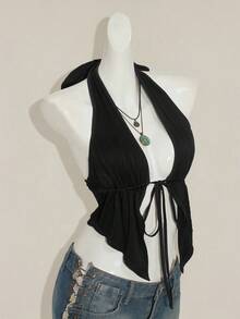 SHEIN ICON Y2K 休闲哥特风黑色性感纯色露背系带无袖上衣 - 黑色 - 查看 9