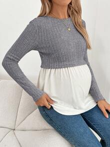 SHEIN Maternity Ribbed Crew Neck Casual Patchwork Long Sleeve T-Shirt Long Sleeve Top Maternity Tops Grey Top Pregnancy Clothes Maternity Clothes Fall Winter