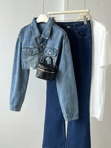 Elamini 破洞落肩袖短款牛仔夾克 - 淺色水洗藍 - 查看 1