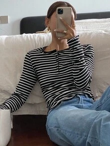 Livesso Long Sleeve Striped Printed Single Breasted Casual T-Shirt,Fall Clothes Preppy Tops - Black and White - View 9