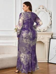 Modelyn Plus Size Women Tie-Dye Print Round Neck Long Sleeve Ruched Fitted Elegant Dress