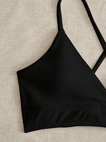 Swim Basics 2026 Spring/Summer 2pcs Women Black Beach Outfit, Deep V Backless Ruched Wireless Swimsuit, Casual Summer Beach Swimwear - Black - View 3