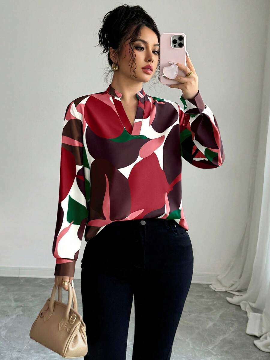 Elenzga 休闲商务简约百搭长袖宽松女士衬衫 - 酒紅色 - 查看 1