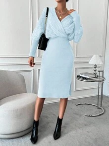 EMERY ROSE Bộ đồ len dệt kim hai mảnh tay cánh dơi xẻ gấu Bộ đồ len hai mảnh Bộ váy len Bộ đồ len hai mảnh Bộ đồ mùa đông hai mảnh - Màu xanh nhạt - Xem 3