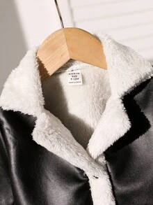 SHEIN Baby Girl Winter Casual Colorblock Plush Hooded Jacket - Black - View 3