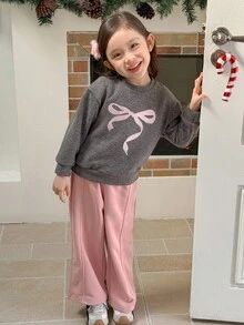 Genkimix Kids 2 pièces Ensemble Top décontracté avec décor de nœud brodé + pantalon droit de couleur unie pour filles Genkimix - Gris foncé - Voir 3