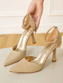 CUCCOO HITCHD 时尚尖头踝带闪光高跟鞋，适合通勤、约会、派对、婚礼和其他场合 - 金色 - 查看 4