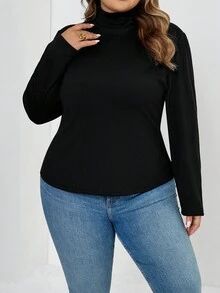 SHEIN CURVE+ Áo thun nữ tay dài cổ lọ dáng ôm màu trơn cỡ lớn cho mùa thu đông, chất liệu vải lót giữ nhiệt nâng cấp, thời trang, giản dị, thoải mái, đa năng mà không trông cồng kềnh - màu đen - Xem 3