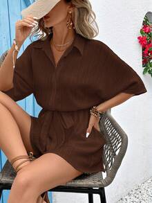 Vivid Eden Damen Lässig Alltags Pendler minimalistischer einfarbiger strukturierter Stoff Loose Fit Gürtel Jumpsuit, Drop-Shoulder