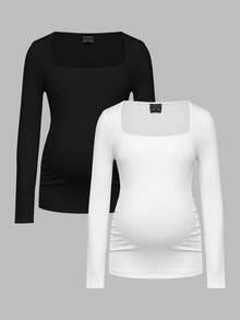 Modmama 2 sztuki w ciąży dla kobiet w ciąży, obcisły, długi rękaw, kwadratowy dekolt, swobodny zestaw koszulek, dla kobiet w ciąży