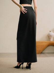 EMERY ROSE Nowa, asymetryczna spódnica damska w kształcie litery A, jesień/zima, z frędzlami i łukiem, z marszczeniem w talii, minimalistyczna i stylowa, odpowiednia dla nauczycieli, do pracy i na co dzień - Czarne - Zobacz 7