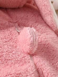 SHEIN Playful Pals 新生儿羊毛连帽连体衣，带有可爱的 3D 兔耳朵，长袖和裤子，儿童冬季服装 - 粉色 - 查看 7
