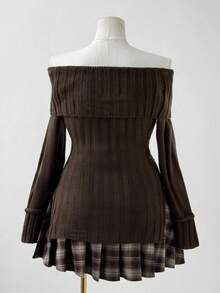 Flirla 复古可爱粗针织不对称下摆露肩蝴蝶结套头毛衣，秋冬棕色衬衫，哥特式上衣，巧克力棕色上衣，深棕色上衣，复古秋季 - 棕色 - 查看 2