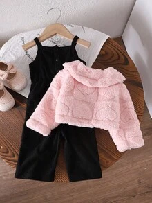 女宝宝休闲加厚抓绒格子提花连体衣套装 粉色 秋冬