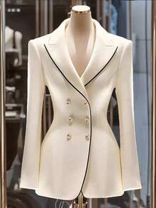 Lyxana Elegant Minimalist Double-Breasted Slim Fit Black Trim Detail Suit Jacket, Suitable For Daily Commute Fall Cloth For Women - Apricot - View 3