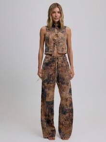 MUSERA 高领系带修身牛仔奶牛印花无袖上衣，适合夏季节日度假，可爱性感，适合春季伊比沙岛西部乡村音乐会、锐舞派对等场合，时尚百搭。 - 棕色 - 查看 5