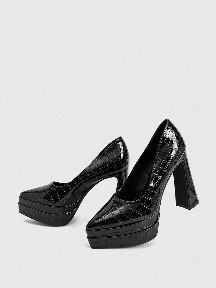 CUCCOO LuxiPop Tacones de plataforma de satén para mujer, zapatos negros, adecuados para Halloween, Navidad, fiestas, atuendos de discoteca