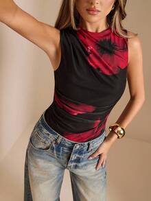 SHEIN BAE Damen Batik-Asymmetrischer geraffter Bodysuit mit Blume Muster, schwarze rote Basis, geeignet für Herbst/Winter/Sommer