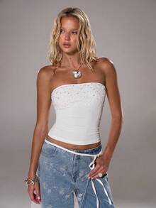 TRNVIE 1pc White Crop Top With Sequin Patchwork, Backless, Elastic Waist, Sexy Clubwear For New Year Party, Romantic Party, Gathering - White - View 5