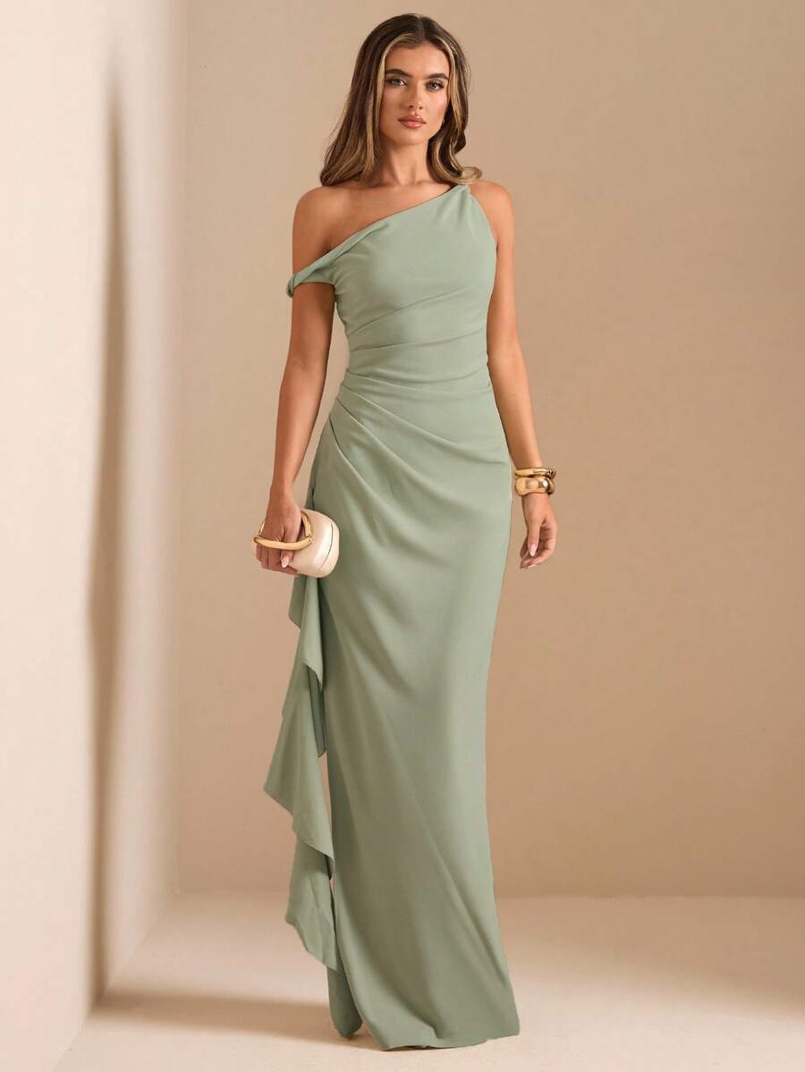 SHEIN BAE 秋冬伴娘礼服，派对斜肩扭结露肩性感褶皱高开叉荷叶边裹身长裙，优雅荷叶边斜肩连衣裙