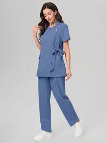 Scrubzie Anti-Wrinkle Short Sleeve Tie-Up Long Shirt And Long Pants Scrub Uniform Set - Blue - View 7