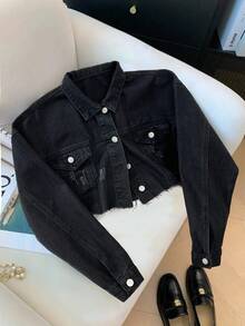 Elamini 翻蓋口袋毛邊短款牛仔夾克 - 黑色 - 查看 1