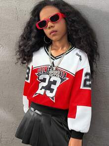 Coolane Kids Tween Girl Autumn Streetwear Graphics Red And White Checkered Black V-Neck Crop Long Sleeve Sweatshirt, School Girl, Comfortable, With Fleece, School - Burgundy - View 3