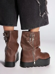 Sugerpunk 2025秋冬新款圆头厚底朋克风格扣带裤腿设计皮革户外时尚一脚蹬中筒靴 - 棕色 - 查看 4