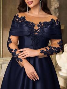 Aureia Đầm maxi dáng chữ A dài tay, trễ vai, chất liệu satin co giãn, sang trọng, thêu ren tinh tế, cỡ lớn, thích hợp cho đám cưới, tiệc tùng, kỳ nghỉ, dạ hội, ngày Valentine. - Màu xanh hải quân - Xem 8