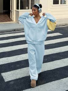 SHEIN EZwear Women's Casual Loose Sweatshirt Set, Light Blue, Autumn, Baby Blue Two Piece Pants Suit Baby Blue Outfit Women 2 Piece Casual Sets Woman,Cozy Fall And Winter Clothes For Women - Blue - View 4