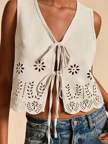 Travachic 纯色针织无袖短款女式夹克 - 杏色 - 查看 8