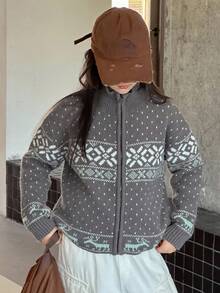 DAZY 女童复古图案长袖开衫 - 灰色 - 查看 4