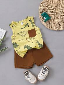 SHEIN Bộ áo không tay và quần short màu xanh lá cây trơn in hình khủng long hoạt hình cho bé trai, kiểu dáng năng động và dễ thương, phù hợp cho các hoạt động ngoài trời, mặc nhà thoải mái và những buổi tiệc vui vẻ. - Nhiều màu - Xem 1
