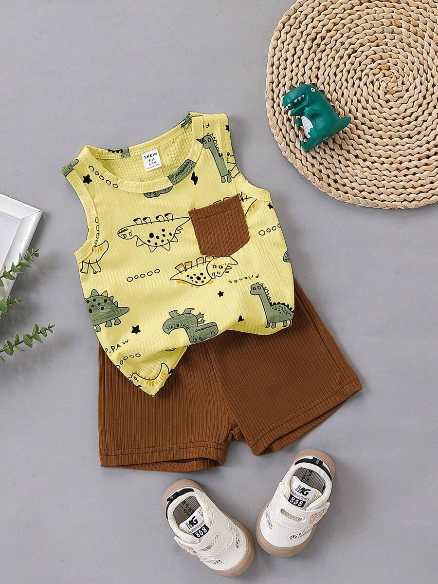 SHEIN Bộ áo không tay và quần short màu xanh lá cây trơn in hình khủng long hoạt hình cho bé trai, kiểu dáng năng động và dễ thương, phù hợp cho các hoạt động ngoài trời, mặc nhà thoải mái và những buổi tiệc vui vẻ. - Nhiều màu - Xem 1