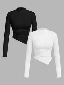 SHEIN CURVE+ Áo thun tay dài màu đen trắng cổ bẻ viền bất đối xứng 2 chiếc/bộ - Đen và trắng - Xem 12