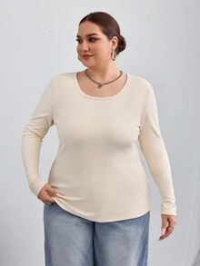 SHEIN CURVE+ Maglietta casual a girocollo oversize, tinta unita, adatta a ogni occasione - Albicocca - Visualizzare 4