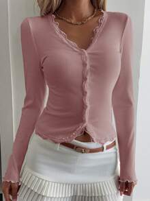 DAZY 女士蕾丝荷叶边修身开衫长袖上衣 - 粉色 - 查看 3