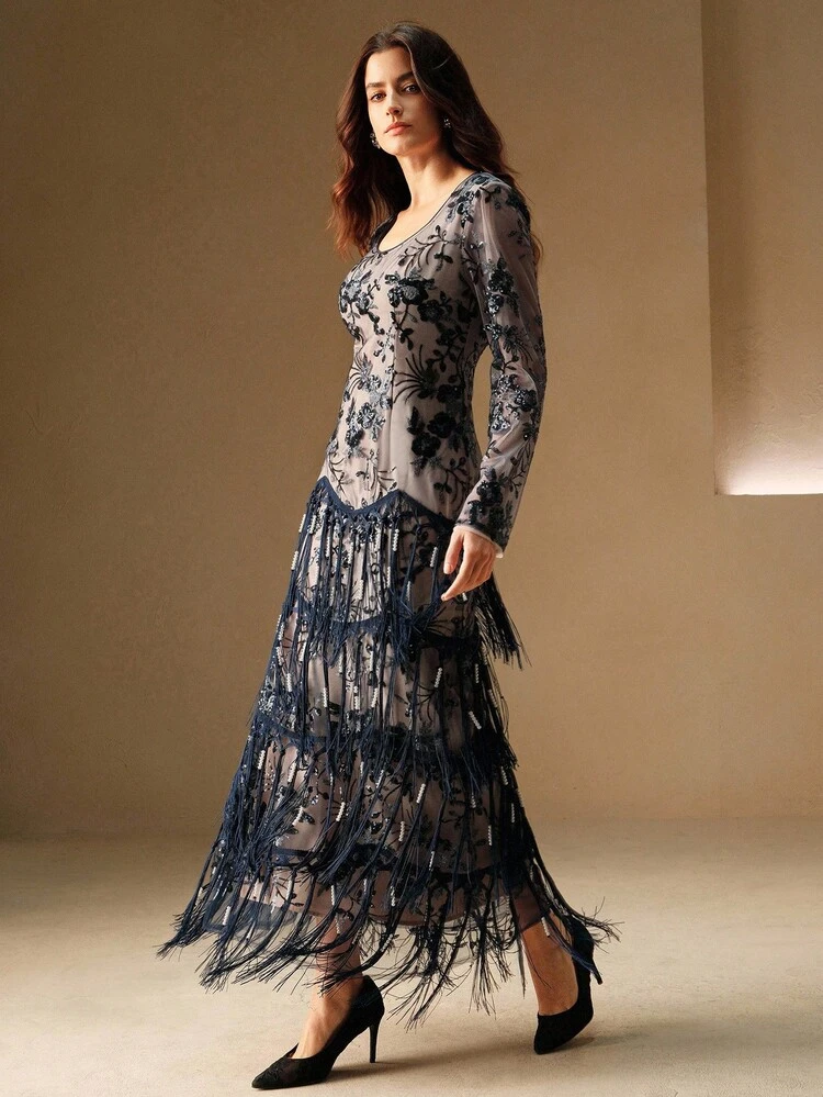 Vestido Elegante Azul Marinho com Lantejoulas, Pérolas e Borlas, Adequado para Outono, Inverno, Saída, Elegante, Formal, Festa, Chique, Ano Novo, Casaco de Inverno Feminino, Natal, Trabalho, Formatura