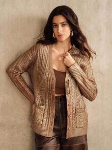 Anewsta 女士新款休闲烫金印花中长款针织开衫，秋冬 - 金色 - 查看 6