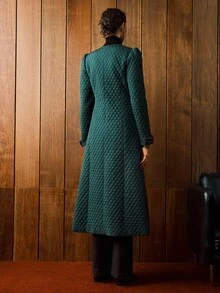 Arave 女式长款绗缝菱形格纹收腰泡泡袖夹克，秋冬 - 墨綠色 - 查看 7