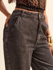 Daynim 高腰水洗妈妈版牛仔裤 - 灰色 - 查看 4