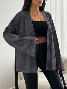 EURMUSE 秋冬休闲纯色落肩宽松开衫配腰带