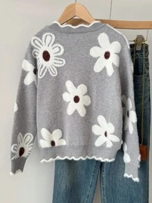 SHEIN Tween 女童时尚休闲花卉 V 领厚针织套头衫，女童浅灰色套头衫，时尚外出，秋冬 - 淺灰色 - 查看 4