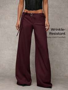 SHEIN BAE Women's Gray Solid Color Casual, Commuting, Leisure, Daily Casual Waist Eyelet Decor Drawstring Loose Wide Leg Pants - Maroon - View 7