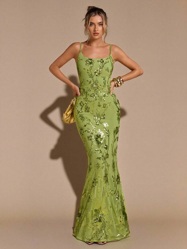 SHEIN BAE Vestido maxi con tirantes de lazo, espalda descubierta, bordado floral 3D y lentejuelas en color verde sólido para primavera/verano, vestido de vacaciones, vestido para cita de San Valentín, vestido de dama de honor, vestido de gala de cumpleaños con lentejuelas, vestido maxi con espalda descubierta, adecuado para fiesta, discoteca y ocasión formal - Verde - Añade 7
