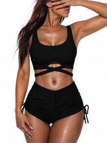 Swim Basics Summer Beach Ladies' Solid Hollow Out Bandeau Bikini Set With Ruched Detail Rave Lollapalooza - Black - View 6