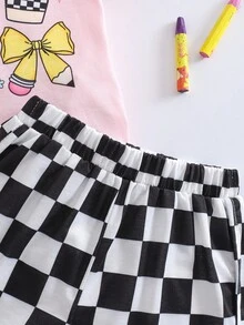 SHEIN 2Pcs/Set Young Girl Back To School Pencil And Bow Print Short Sleeve T-Shirt And Checkboard Pattern Shorts Set, Suitable For Summer Daily Wear - Baby Pink - View 5