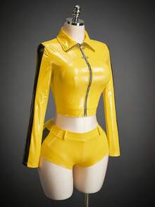 SHEIN ICON Women's Autumn And Winter Halloween COS Costume Sexy Avant-Garde Fashion Retro Yellow And Black Contrast Leather Stitching Slim-Fit Cropped Jacket Low Waist Shorts Suit - Yellow - View 3
