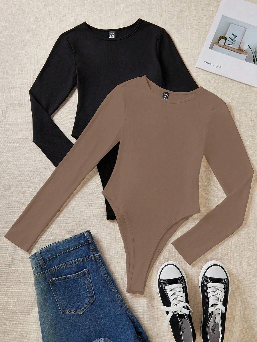 Elamini Conjunto de body de manga larga de unicolor informal - Café integral - Ver 1